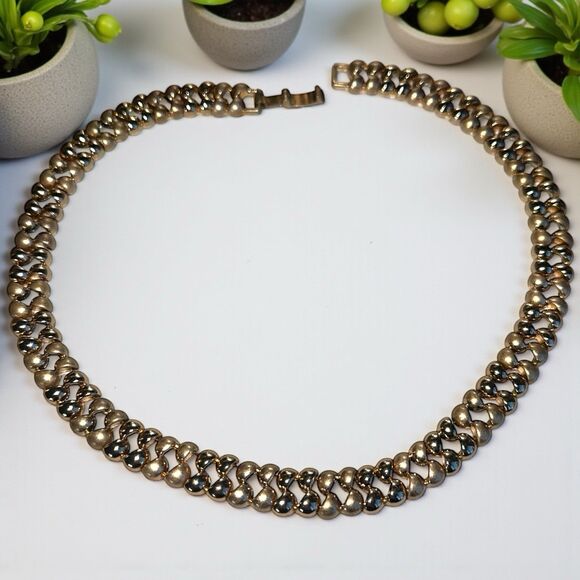 Vintage Gold Tone Woven Link Collar Necklace 19” Choker Statement Retro Glam - Picture 2 of 12